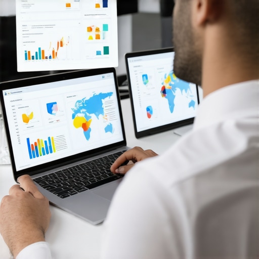 Business owner reviewing analytics dashboards with maps and graphs showing predictive SEO data.