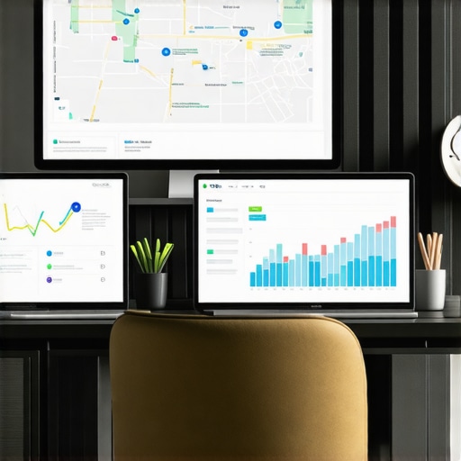 Workspace with maps software and SEO automation dashboards