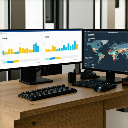 A workspace with screens displaying maps, charts, and automation dashboards