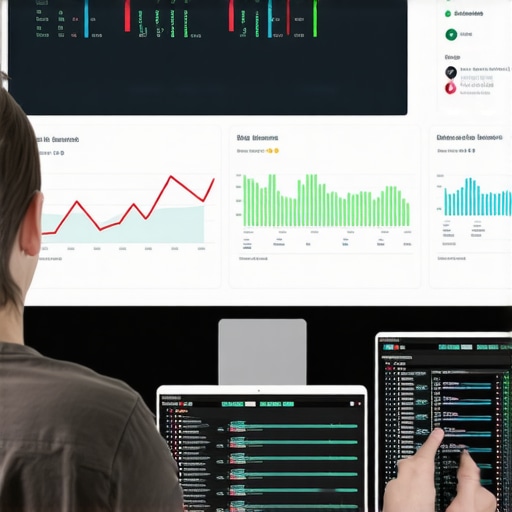 Managing SEO Automation Tools An individual overseeing SEO software dashboards showcasing rankings and data analytics