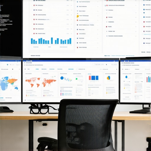 A modern office setup showing monitors with SEO tools and maps analytics.