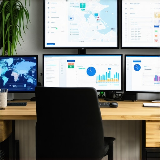 Multiple monitors showing SEO analytics and Google Maps automation tools, representing efficient local ranking strategies.
