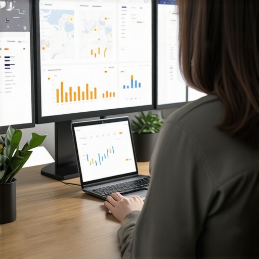 Person analyzing maps software dashboards and SEO data on computer screens in an office
