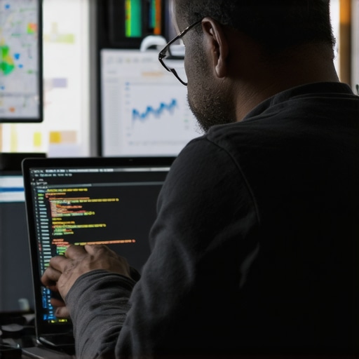 Automation in Local SEO Programmer coding automation scripts on a laptop with maps and analytical data