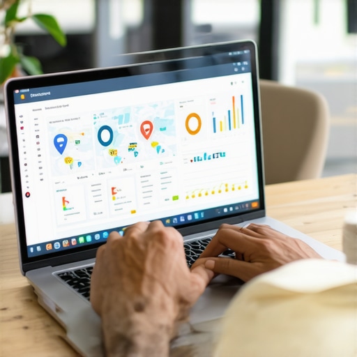 Person analyzing local SEO dashboard on a laptop with maps and analytics charts
