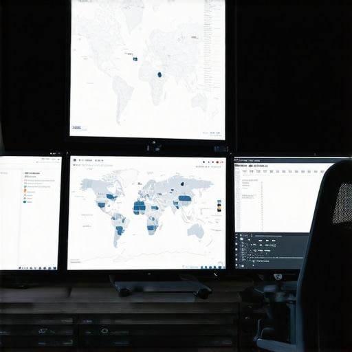 Workspace with multiple screens showing maps and SEO analytics for local ranking management.