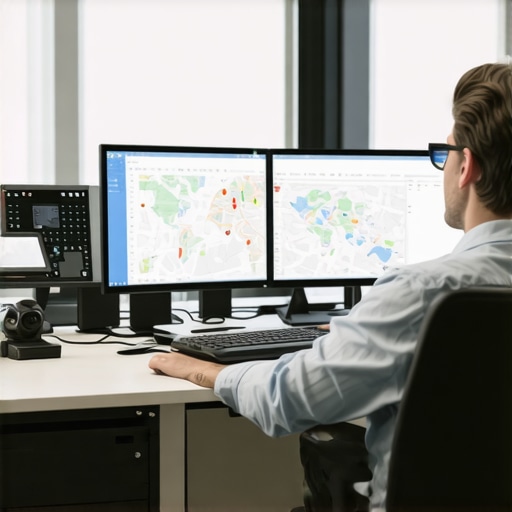Technician working with multiple screens displaying maps and SEO dashboards.