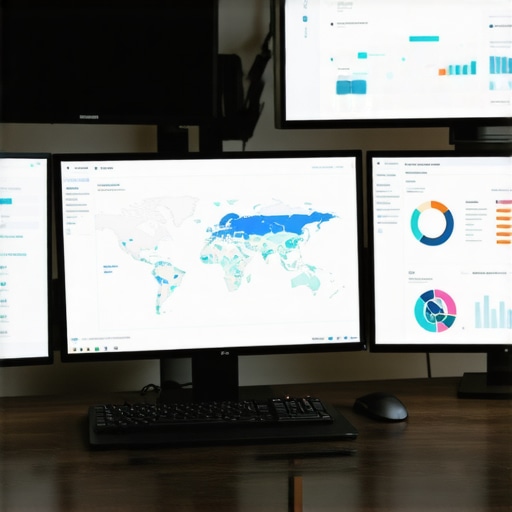 SEO Workspace with Maps Software A professional workspace displaying maps software and analytics dashboards.