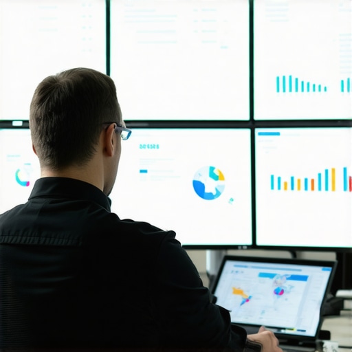 Person analyzing map data and SEO rankings on multiple monitors.