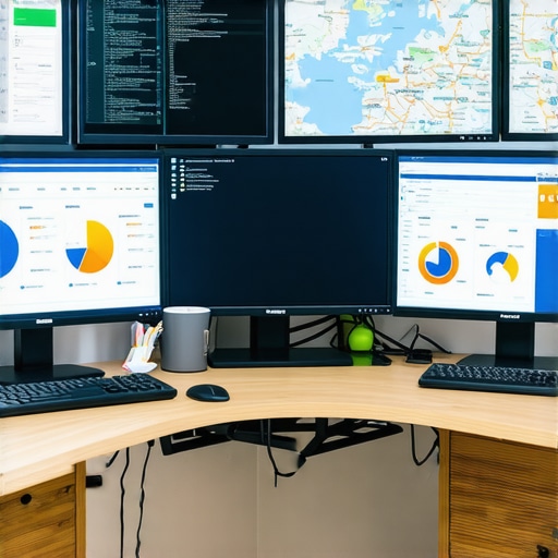 A high-tech workspace showing maps, SEO metrics, and automation tools on screens.