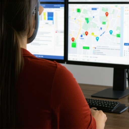 Person reviewing local business data on screen with maps software and SEO metrics.