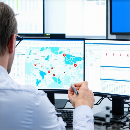 Person reviewing maps software dashboards displaying local search rankings and data analysis