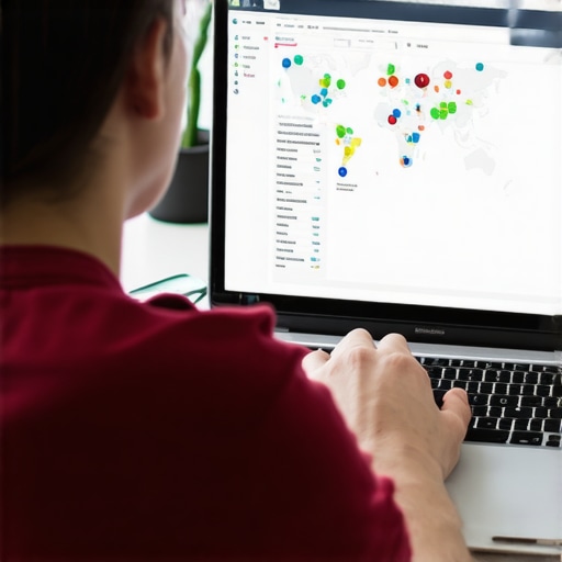 A digital marketer fine-tuning SEO automation scripts on a laptop, with local map data displayed