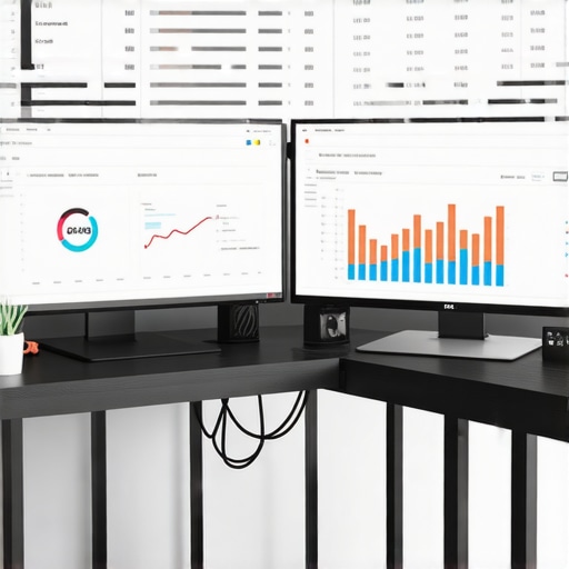 A workspace showcasing screens with SEO automation dashboards and scripts.