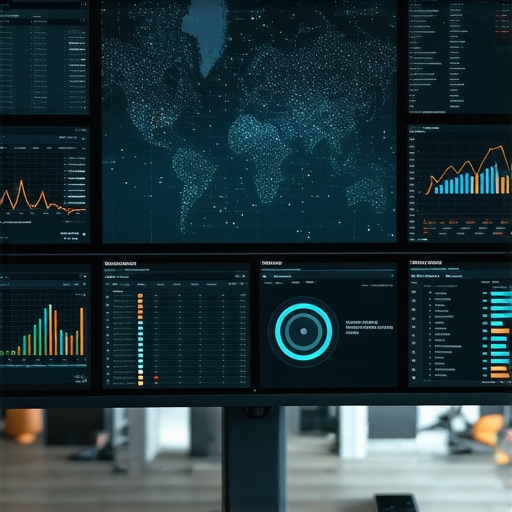 Map Software Dashboard and Automation Tools Close-up of a computer monitor showing map software dashboards with analytics and automation scripts