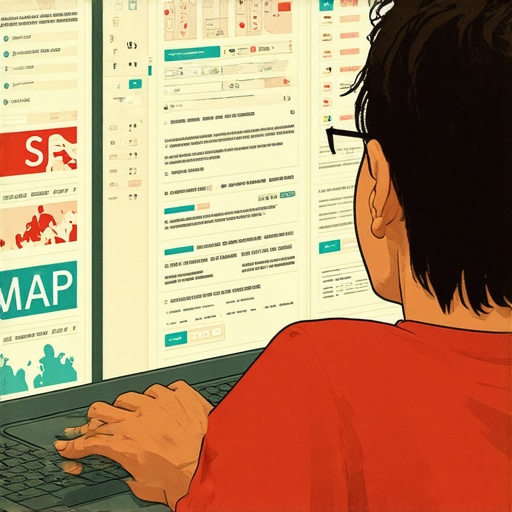Person working on SEO automation and maps analysis on a computer.