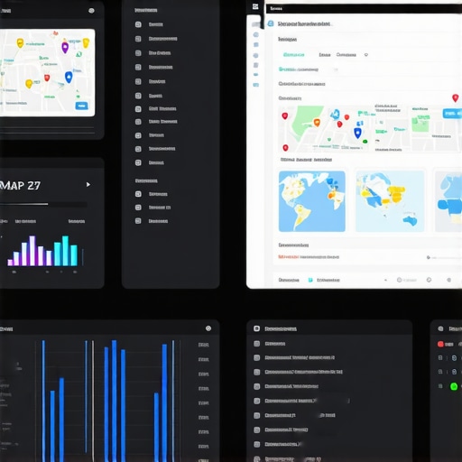A professional digital workspace with SEO automation dashboards and maps software tools.