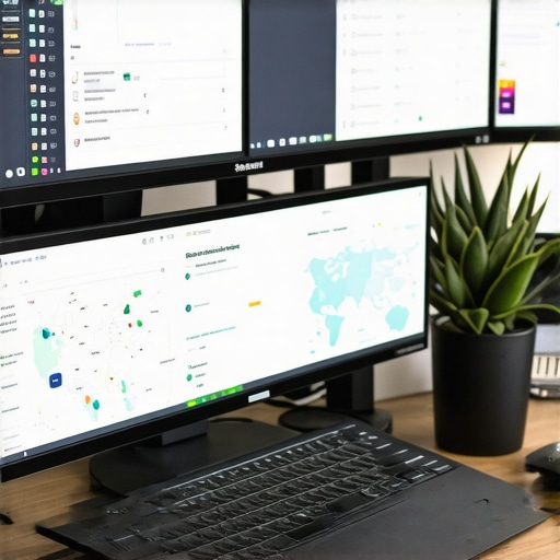 SEO Automation in Action A workspace showing multiple screens with maps and SEO tools for maintenance